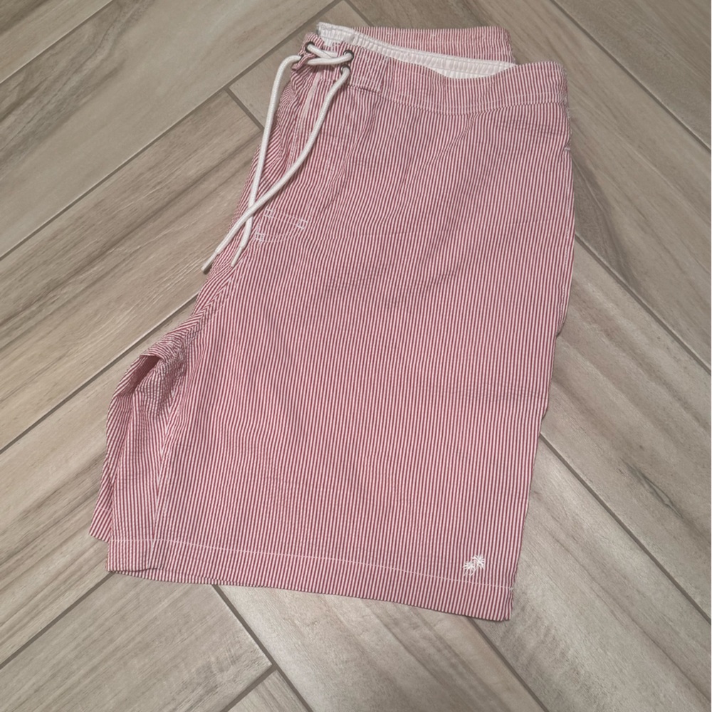 Men's Red Striped/Seer Sucker Swim Trunks